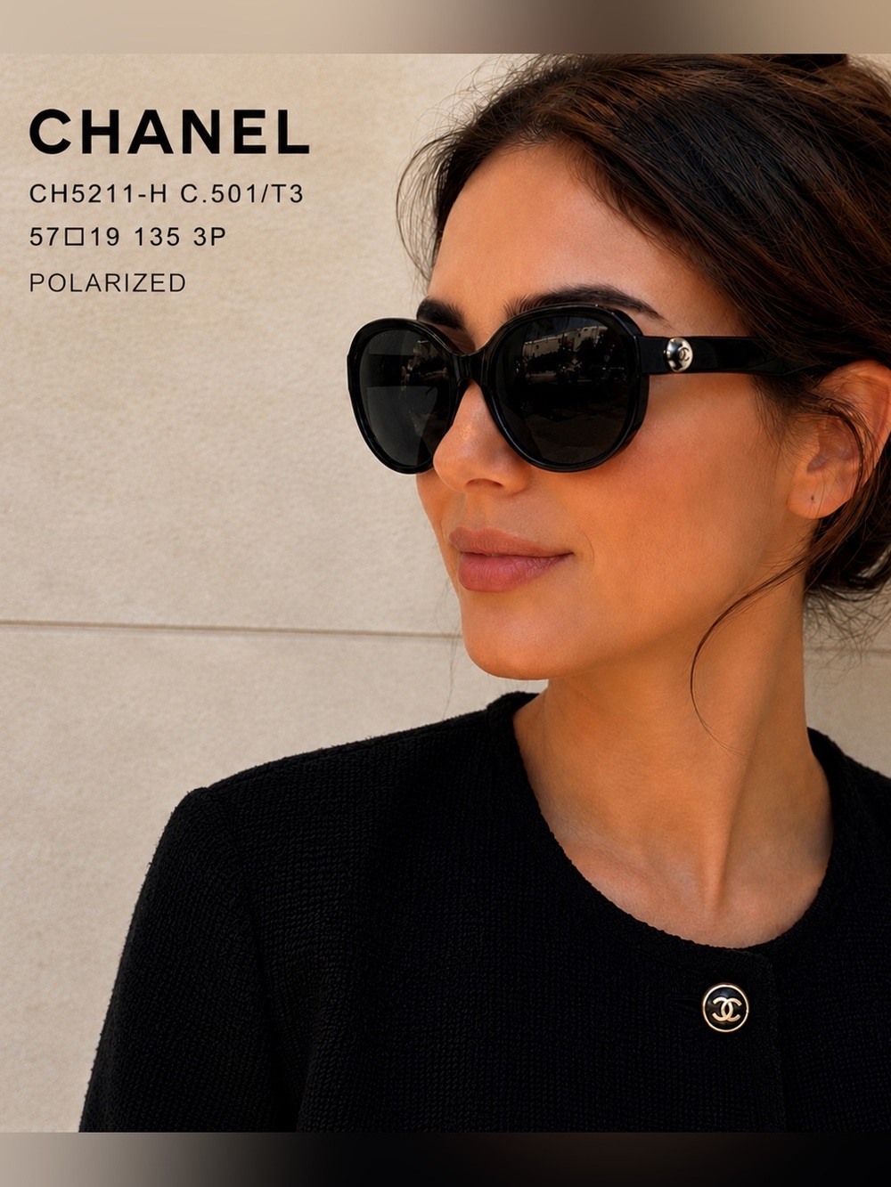 CHANEL CH5211-H Pearl CC Polarized Oversized Black Sunglasses Italy 57mm
